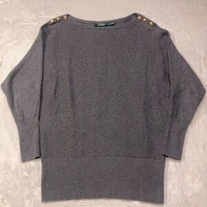 Lauren Ralph Lauren Womens M Gold Crest Buttons Boat Neck Gray Sweater Old Money